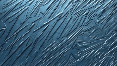 The primary subject of the image is a blue surface with a pattern of metal-like shapes or spikes. The setting appears to be a dark room, and the visual style is a close-up of the blue surface with the spikes. The colors and mood of the image are predominantly dark and mysterious, with the blue surface providing a contrasting element.