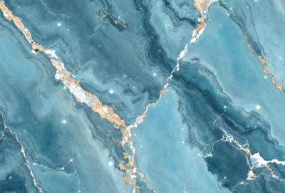 The primary subject of the image is a marble-like surface with a blue and gold color scheme. The setting is a stone wall, and the visual style appears to be a digital art or illustration. The colors and mood of the image are vibrant and luxurious, creating an elegant and sophisticated atmosphere.