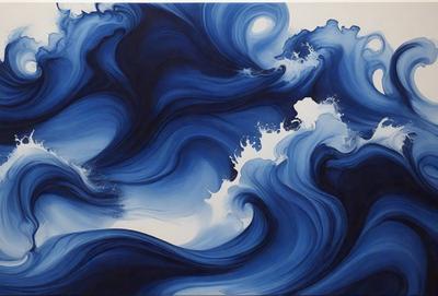 The primary subject of the image is a painting of a blue ocean with waves. The setting is a blue background, and the visual style appears to be a digital art or illustration. The dominant colors in the painting are blue and white, creating a serene and calming atmosphere.