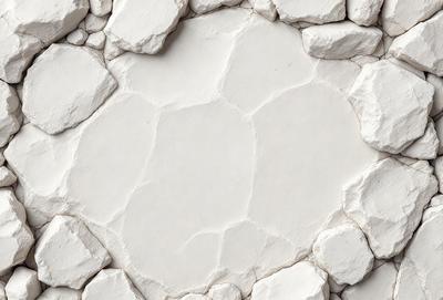 The primary subject of the image is a white, circular, rock-like structure with a hole in the center. The setting is a white, rock-like wall, which serves as the background. The visual style is a combination of photo and digital art, creating a unique and intriguing appearance. The colors are predominantly white, giving the scene a clean and minimalist feel. The mood of the image is calm and serene, with the white rock-like structure and wall creating a sense of tranquility and simplicity.