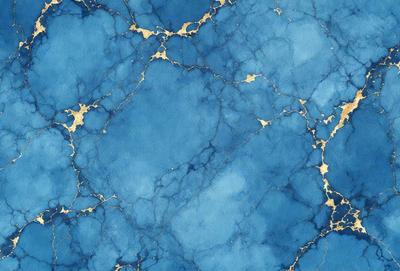 The primary subject of the image is a blue and gold patterned wallpaper. The setting is a blue and gold wallpapered room. The visual style is a digital art or illustration, as the pattern appears to be a digital creation. The dominant colors are blue and gold, creating a warm and inviting atmosphere.