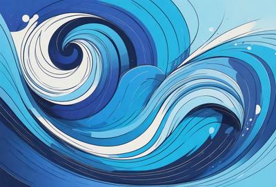 The primary subject of the image is a blue and white ocean wave. The setting is a blue ocean, and the visual style is a digital art or illustration. The dominant colors are blue and white, creating a calm and serene atmosphere.