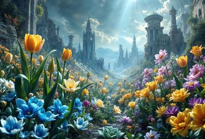 The primary subject of the image is a beautiful garden filled with a variety of flowers, including yellow and blue tulips. The garden is set in a picturesque landscape, featuring a castle in the background. The visual style of the image is a combination of photo and digital art, creating a vibrant and lush atmosphere. The dominant colors in the scene are yellow and blue, with the yellow tulips standing out against the blue sky. The overall mood of the image is serene and inviting, as it showcases the