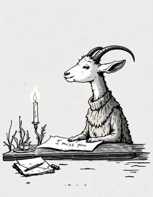 The primary subject of the image is a goat sitting at a table with a piece of paper in front of it. The goat appears to be reading the paper, and there is a lit candle nearby. The setting is a dining table, and the visual style is a black and white illustration. The colors and mood of the image are somewhat solemn, with the goat seemingly lost in thought as it reads the paper.