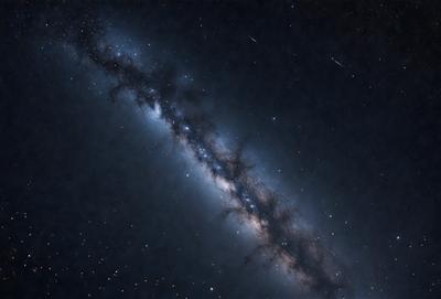 The primary subject of the image is a dark, star-filled sky. The setting is a nighttime scene with a few stars visible in the background. The visual style is a black and white photo, which adds a sense of depth and contrast to the image. The colors and mood are predominantly dark and moody, with the stars providing a sense of wonder and tranquility.