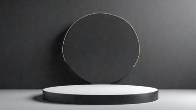 The primary subject of the image is a large, round, black object, possibly a piece of art or a decorative item, placed on a white surface. The setting appears to be a room with a gray wall, which serves as the background for the scene. The visual style of the image is a close-up, focusing on the round object and its surroundings. The colors in the image are predominantly black and white, creating a contrasting and dramatic atmosphere.