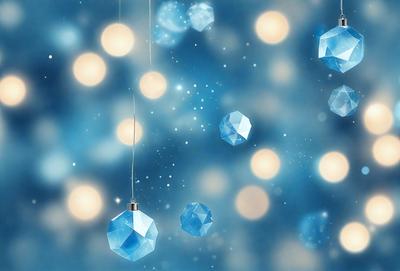 The primary subject of the image is a string of blue crystal ornaments hanging in the air. The setting is a blue background, which creates a visually appealing contrast with the blue ornaments. The visual style is a digital art, as the ornaments are depicted in a three-dimensional manner. The colors and mood of the image are predominantly blue, giving it a calm and serene atmosphere.