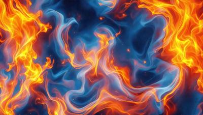 The primary subject of the image is a blue and orange flame, which appears to be a digital art or illustration. The setting is a dark background, and the visual style gives the impression of a painting or a pattern. The dominant colors are blue and orange, creating a vibrant and energetic atmosphere.