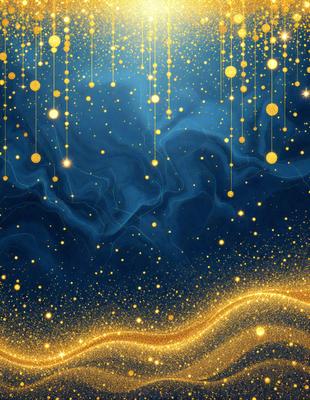 The primary subject of the image is a blue background with a pattern of gold stars. The setting is a space-like environment, and the visual style appears to be a digital art or illustration. The dominant colors are blue and gold, creating a serene and calming atmosphere.