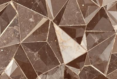 The primary subject of the image is a marble tile with a unique pattern. The setting is a wall, and the visual style is a close-up of the tile. The colors and mood of the image are predominantly brown and earthy, giving it a natural and elegant appearance.