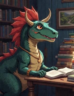The primary subject of the image is a cartoon dinosaur, specifically a green and red dragon, sitting at a desk and reading a book. The setting is a room with a bookshelf filled with various books, creating a cozy and intellectual atmosphere. The visual style is a combination of digital art and illustration, giving the image a unique and creative appearance. The dominant colors are green and red, which add a lively and vibrant touch to the scene.