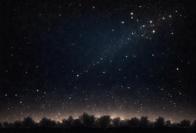 The primary subject of the image is the night sky filled with stars. The setting is a dark, starry night with a few trees visible in the foreground. The visual style is a black and white drawing, giving the image a classic and timeless feel. The colors and mood are predominantly dark and serene, with the stars providing a sense of wonder and tranquility.
