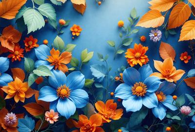 The primary subject of the image is a vibrant and colorful flower arrangement. The flowers are arranged in a visually appealing manner, with various shades of blue, orange, and yellow. The setting is a blue wall, which serves as a striking backdrop for the flowers. The visual style of the image is a combination of photo and digital art, creating a lively and artistic representation of the flower arrangement. The colors and mood of the image are bright, cheerful, and inviting, with the blue wall adding