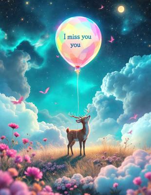 Primary subject: A deer with a balloon in its mouth.

Setting/background: A cloudy sky with a field of flowers.

Visual style: Digital art.

Colors and mood: The image is colorful and has a whimsical, dreamy atmosphere.