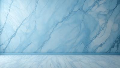 The primary subject of the image is a white marble wall with a blue tint. The setting is a room with a blue floor, and the visual style is a photo. The colors and mood of the image are predominantly white and blue, creating a clean and serene atmosphere.