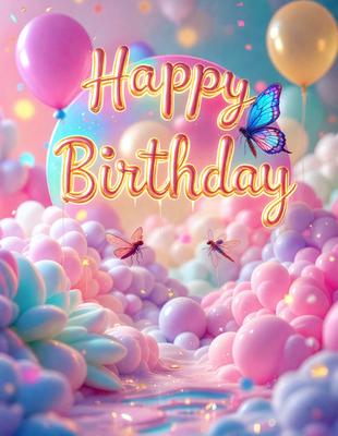 Happy birthday is written on a pink background with balloons and butterflies. The balloons are in various colors and sizes, and the butterflies are scattered throughout the scene. The overall atmosphere is cheerful and celebratory.