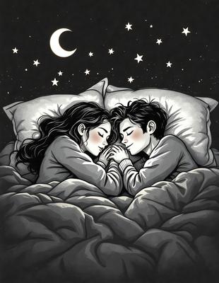 The primary subject of the image is a man and a woman lying in bed together. They are both smiling and holding hands, creating a warm and intimate atmosphere. The setting is a bedroom, with a bed visible in the background. The visual style is a hand-drawn illustration, giving the image a unique and artistic appearance. The colors used are predominantly warm and soft, such as shades of pink, orange, and yellow, which contribute to the overall mood of the scene.