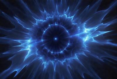 The primary subject of the image is a blue, swirling, and circular pattern. The setting is a dark background, which contrasts with the bright blue swirls. The visual style appears to be a combination of digital art and illustration, creating a unique and captivating design. The dominant colors are blue and black, giving the image a sense of depth and intrigue.