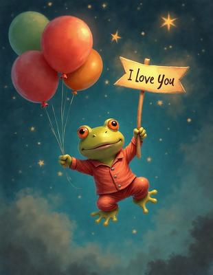 The image features a green frog holding a sign that reads "I love you." The frog is suspended in the air, surrounded by a few balloons. The scene is set against a night sky, giving it a whimsical and playful atmosphere. The visual style of the image is a combination of digital art and illustration, creating a unique and charming scene.