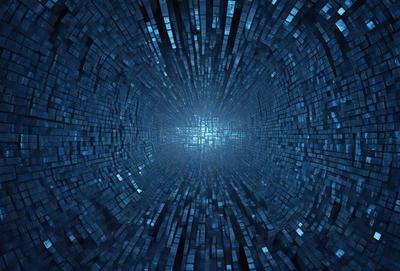 The primary subject of the image is a blue, digital artwork featuring a large, circular, blue structure with a bright, blue center. The setting is a dark, blue background, which contrasts with the bright blue center. The visual style is digital art, and the colors and mood are predominantly blue, creating a sense of depth and intrigue.