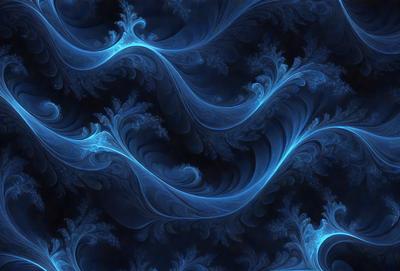 The primary subject of the image is a blue and white ocean wave. The setting is a blue ocean with a dark background. The visual style is a digital art or illustration, creating a vibrant and dynamic scene. The dominant colors are blue and white, giving the image a calming and serene atmosphere.