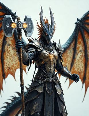 The primary subject of the image is a fantasy character, possibly a dragon or a demon, dressed in a suit of armor and holding a large hammer. The setting appears to be a white background, which emphasizes the character's appearance. The visual style is a combination of digital art and illustration, creating a detailed and intricate image. The colors and mood of the image are dark and dramatic, with the character's armor and the hammer adding a sense of power and strength to the scene.