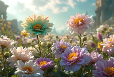 The primary subject of the image is a field of flowers, with a variety of different colored flowers blooming in the sunlight. The setting is a lush, green field, and the visual style is a photo of the flowers in their natural environment. The colors and mood of the image are vibrant and cheerful, with the flowers creating a sense of beauty and tranquility.