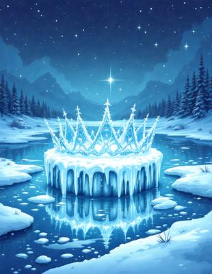 The primary subject of the image is a frozen crown, which is a unique and intricate piece of art. The crown is placed on a frozen lake, surrounded by a snowy landscape. The setting is a wintery environment, with a night sky visible in the background. The visual style of the image is a digital art or illustration, showcasing the creativity and skill of the artist. The dominant colors in the image are blue and white, which evoke a sense of coldness and tranquility.