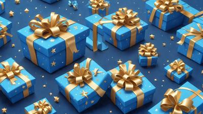 The primary subject of the image is a collection of blue and gold wrapped presents. The presents are arranged in various positions, creating a visually appealing scene. The setting is a blue background, which complements the colors of the presents. The visual style is a combination of photo and digital art, as the presents are rendered in a realistic manner while the blue background adds a touch of digital artistry. The colors and mood of the image are predominantly blue and gold, creating a warm and festive atmosphere.