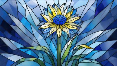The primary subject of the image is a yellow and blue flower, which is the main focus of the scene. The flower is surrounded by a blue background, giving it a vibrant and lively appearance. The visual style of the image is a combination of photo and digital art, creating a unique and eye-catching representation of the flower. The dominant colors in the image are blue and yellow, which contribute to the overall mood and atmosphere of the scene.