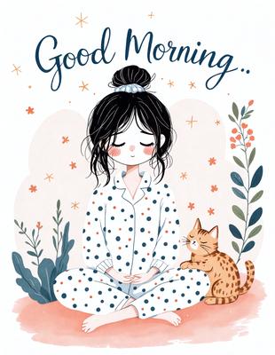 The primary subject of the image is a woman sitting on the floor, wearing a polka dot pajama set. She is smiling and appears to be enjoying her time. The setting is a cozy, indoor environment, with a bed visible in the background. The visual style is a combination of digital art and illustration, creating a warm and inviting atmosphere. The colors are predominantly pastel shades, such as pink, blue, and yellow, which contribute to the overall mood of the image.