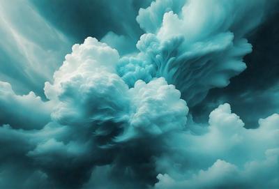 The primary subject of the image is a large, swirling cloud with a blue hue. The cloud is surrounded by a dark blue sky, creating a dramatic and moody atmosphere. The setting appears to be a cloudy day, with the cloud being the main focus of the scene. The visual style of the image is a combination of photo and digital art, as it captures the beauty and intensity of the cloud formation. The dominant colors in the image are blue and dark blue, which contribute to the overall mood and ambiance