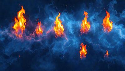 The primary subject of the image is a series of five flames, each with a different size and position, all set against a blue background. The flames are depicted in various colors, including red, orange, and yellow, creating a dynamic and visually appealing scene. The visual style of the image is a combination of digital art and illustration, with the flames appearing to be digitally rendered and the overall atmosphere being vibrant and energetic.