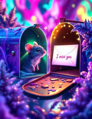 The primary subject of the image is a small mouse sitting in a mailbox. The setting is a colorful and whimsical environment, with a purple background and a pink heart-shaped note. The visual style is a digital art or illustration, creating a playful and imaginative scene. The colors and mood are vibrant and light-hearted, with the pink heart-shaped note adding a touch of warmth and affection to the image.