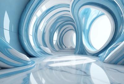 The primary subject of the image is a long, narrow hallway with a blue and white color scheme. The hallway is lined with blue walls and features a white floor. The setting is a futuristic, white building with a blue and white color scheme. The visual style is digital art, as the hallway appears to be a digital rendering. The colors and mood of the image are calming and serene, with the blue and white color palette creating a sense of tranquility.