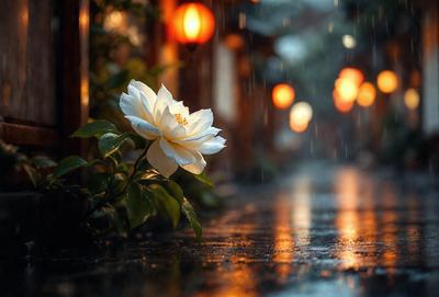 Primary subject: A single white flower with a yellow center.

Setting/background: A rainy street with a brick sidewalk.

Visual style: A photo of a flower in the rain.

Colors and mood: The dominant colors are white and yellow, with a hint of green from the flower. The overall atmosphere is serene and peaceful, as the flower stands out against the rainy backdrop.