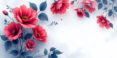 The primary subject of the image is a bouquet of red flowers, which are the main focus of the scene. The flowers are arranged in a visually appealing manner, with some of them placed on a white surface. The setting appears to be a studio or a controlled environment, as the flowers are depicted in a digital art or illustration style. The dominant colors in the image are red and white, creating a vibrant and lively atmosphere.