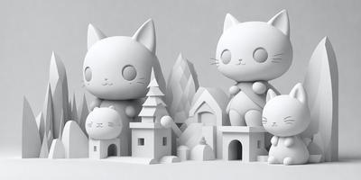 The primary subject of the image is a group of white cat figurines, which are displayed in various poses and sizes. They are arranged in a scene that resembles a city, with buildings and other architectural elements in the background. The visual style of the image is digital art, as it appears to be a 3D model or a digital illustration. The colors and mood of the image are predominantly white, giving it a clean and minimalist appearance.