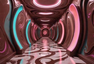 The primary subject of the image is a long, narrow hallway with a patterned floor. The setting is a futuristic environment, possibly a space station or a futuristic building. The visual style is a combination of photo and digital art, creating a unique and intriguing atmosphere. The colors and mood are predominantly pink, purple, and blue, giving the scene a vibrant and lively feel.