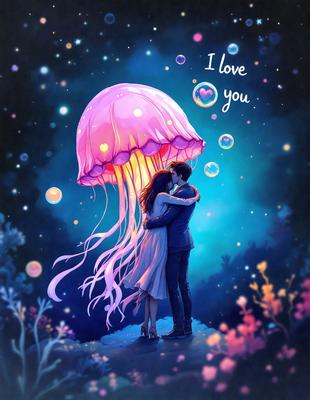 The primary subject of the image is a man and a woman standing close to each other, with the woman leaning on the man. They are surrounded by a whimsical and colorful environment, featuring a giant purple jellyfish and bubbles. The visual style of the image is a digital art or illustration, creating a vibrant and imaginative scene. The colors and mood of the image are lively and joyful, with the purple jellyfish and bubbles adding a sense of playful