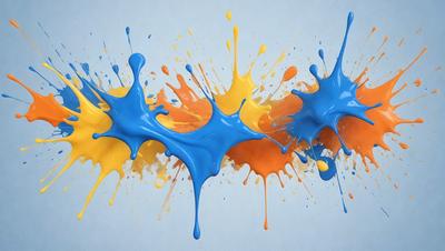 The primary subject of the image is a painting of a colorful splash, featuring a mix of yellow, orange, and blue colors. The painting is displayed on a blue background, creating a vibrant and lively atmosphere. The visual style of the painting is a combination of digital art and illustration, showcasing the artist's skill in capturing the dynamic nature of the splash. The colors and mood of the painting evoke a sense of energy and creativity, making it an eye-catching and engaging