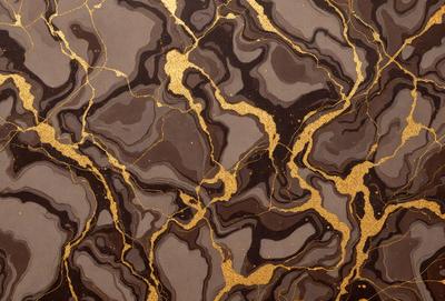 The primary subject of the image is a marble wall with a gold-colored pattern. The setting is a room with a dark background, and the visual style appears to be a combination of a photo and digital art. The dominant colors are gold and brown, creating a warm and luxurious atmosphere.
