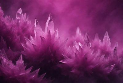 The primary subject of the image is a group of purple crystals, possibly made of glass or other materials, arranged in a visually appealing manner. The setting is a pink background, which adds a contrasting and complementary color to the scene. The visual style of the image is a close-up of the crystals, showcasing their intricate details and textures. The colors and mood of the image are predominantly pink and purple, creating a sense of elegance and sophistic