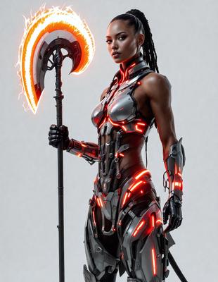 The primary subject of the image is a woman dressed in a futuristic outfit, holding a large, glowing staff. She is standing in front of a white background, which emphasizes her outfit and the glowing staff. The visual style of the image is digital art, as it appears to be a computer-generated or digitally edited image. The colors and mood of the image are predominantly dark and futuristic, with the glowing staff and the woman's outfit adding a sense of