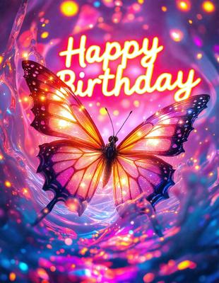 The primary subject of the image is a butterfly, which is the main object, scene, or focus of the image. The butterfly is surrounded by a vibrant and colorful background, which includes a pink and blue color scheme. The visual style of the image is digital art, as it appears to be a digital illustration or drawing. The overall atmosphere of the image is cheerful and celebratory, as it is a birthday card featuring a butterfly.