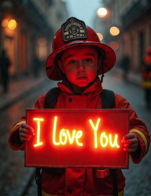 The primary subject of the image is a young boy wearing a firefighter's uniform and holding a sign that reads "I Love You." The setting is a street, and the visual style appears to be a photo. The colors in the image are predominantly red, which gives the scene a warm and affectionate atmosphere.