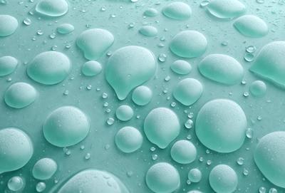 The primary subject of the image is a close-up of a blue surface, possibly a piece of fabric or a wall, with droplets of water on it. The setting appears to be a room with a blue background. The visual style is a close-up of the blue surface with water droplets, creating a moist and watery atmosphere. The colors and mood of the image are predominantly blue, with the droplets adding a touch of white and reflecting light.