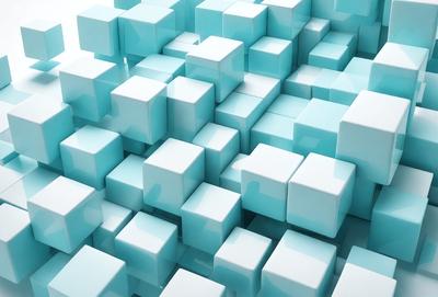 The primary subject of the image is a large, intricate arrangement of blue and white cubes. The setting is a white background, which provides a clean and minimalist appearance. The visual style is a combination of digital art and illustration, creating a unique and eye-catching pattern. The dominant colors are blue and white, giving the image a calm and soothing atmosphere.