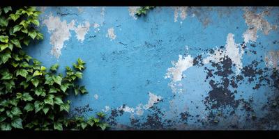 The primary subject of the image is a blue wall with a green plant growing on it. The setting is an outdoor environment, with the wall being the main object of focus. The visual style is a photo, capturing the natural elements of the plant and the blue wall. The colors and mood of the image are predominantly blue and green, creating a calm and serene atmosphere.