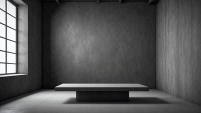 The primary subject of the image is a large, empty, and dark grey table. The table is placed in a room with a grey wall, which serves as the setting and background of the scene. The visual style of the image is a black and white photo, giving it a classic and timeless appearance. The colors and mood of the image are predominantly dark and moody, with the grey table and wall creating a sense of emptiness and solitude.